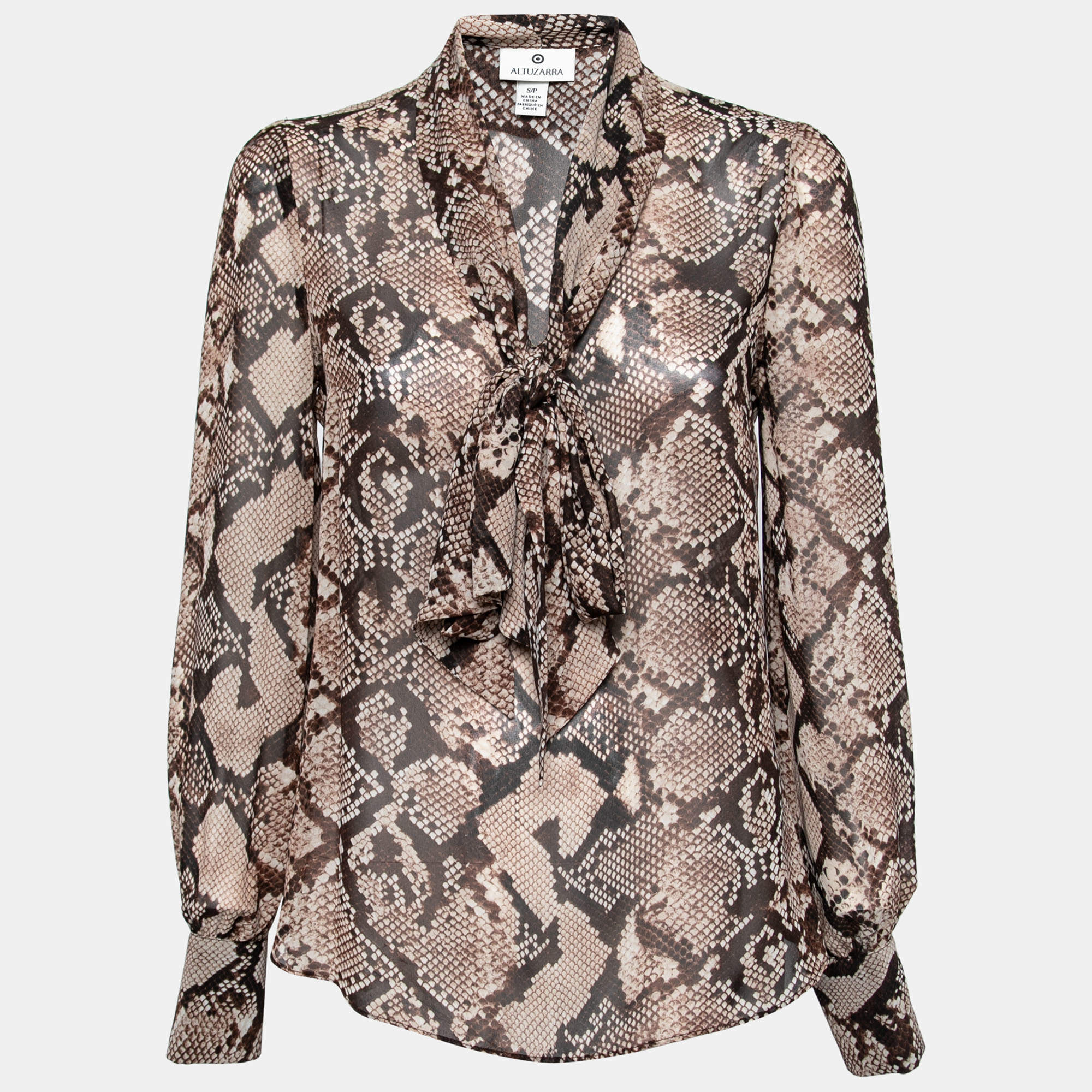 Altuzarra Brown Python Print Chiffon Bow Tie Detail Blouse S 