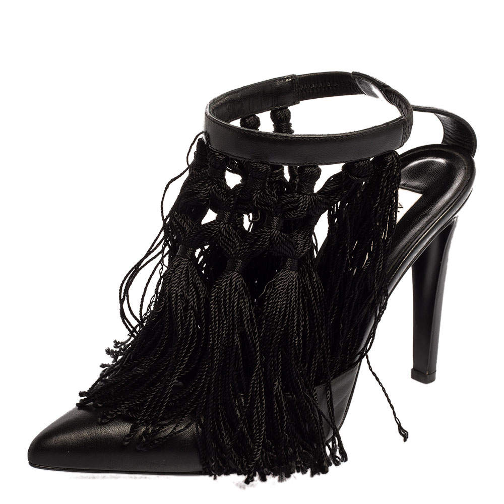 Altuzarra Black Leather Tassel Embellished Ankle Strap Pointed Toe Pumps Size 38