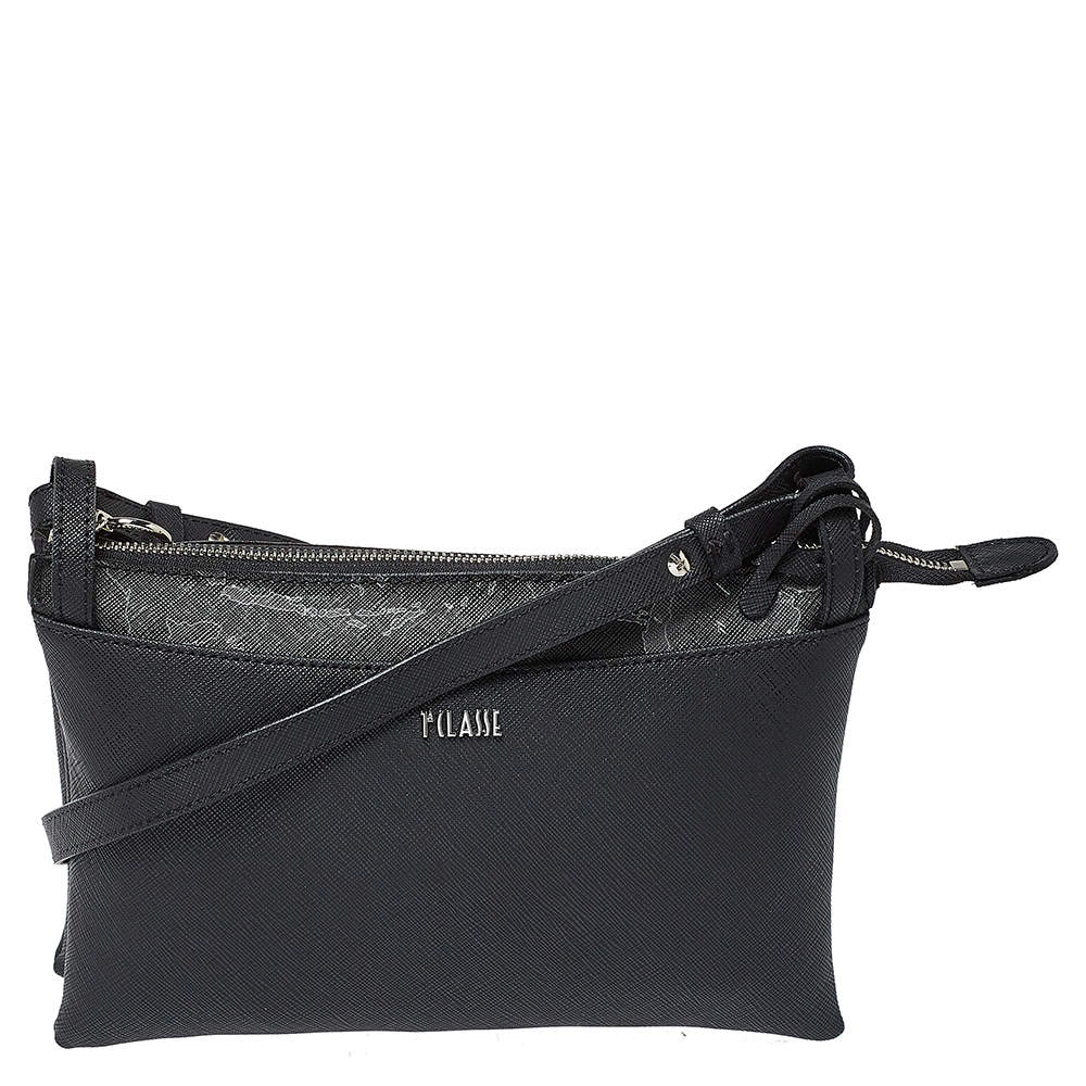 Pre Owned Alivero Martini 1A Classe Black Geo Print Coated Canvas and Leather Zip Shoulder Bag