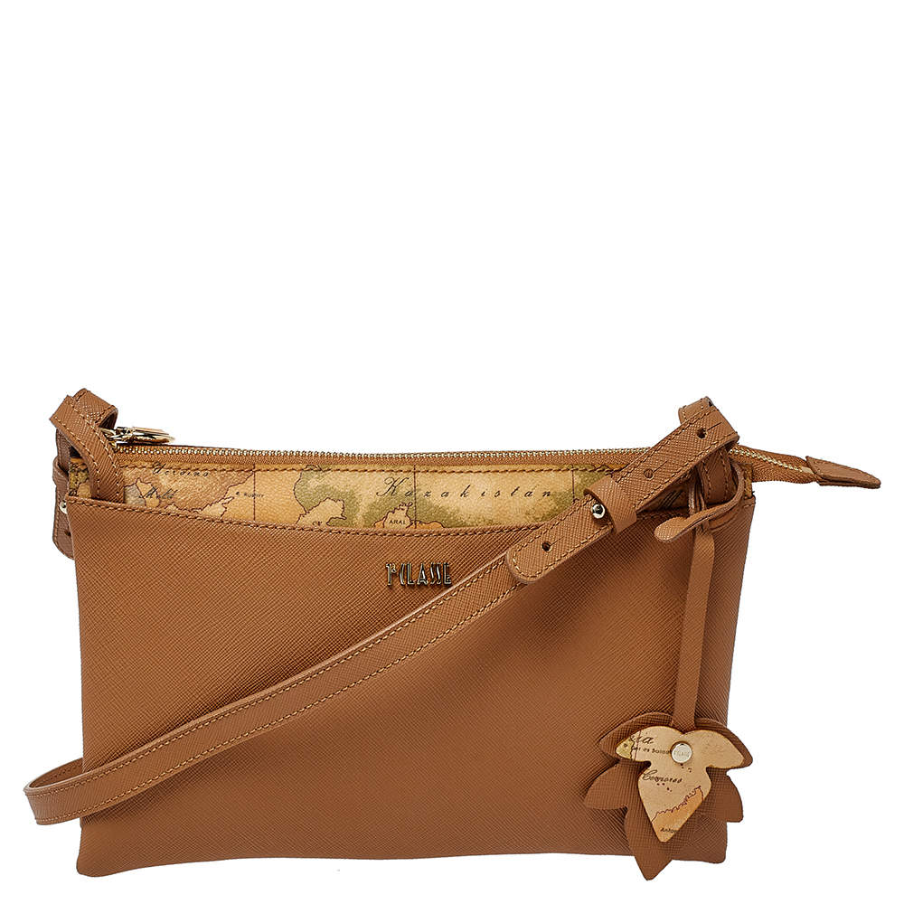 Pre Owned Alviero Martini 1A Classe Tan Geo Print Coated Canvas and Leather Zip Shoulder Bag