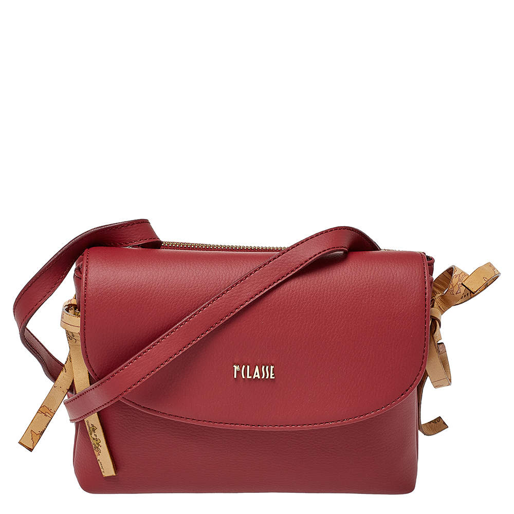 Pre Owned Alviero Martini 1A Classe Red/Tan Geo Leather and Coated Canvas Flap Crosbbody Bag