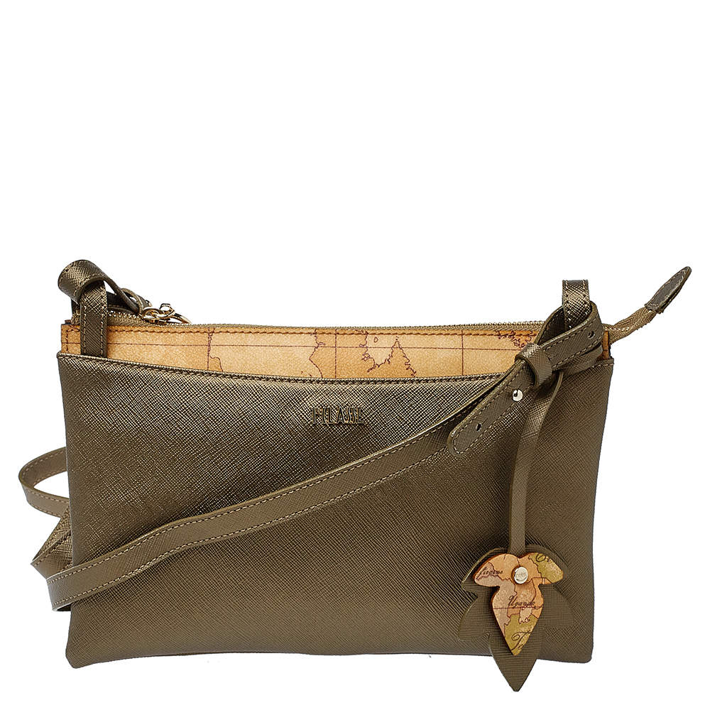 Pre Owned Alviero Martini 1A Classe Metallic Green/Tan Geo Print Coated Canvas and Leather Zip Shoulder Bag