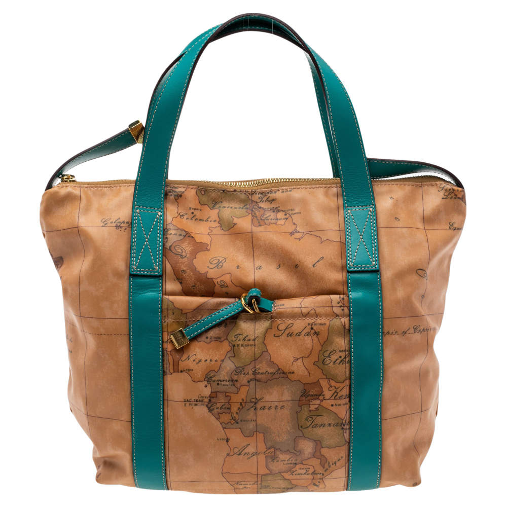 Pre Owned Alviero Martini 1A Classe Tan/Green Geo Print Coated Canvas and Leather Zip Tote