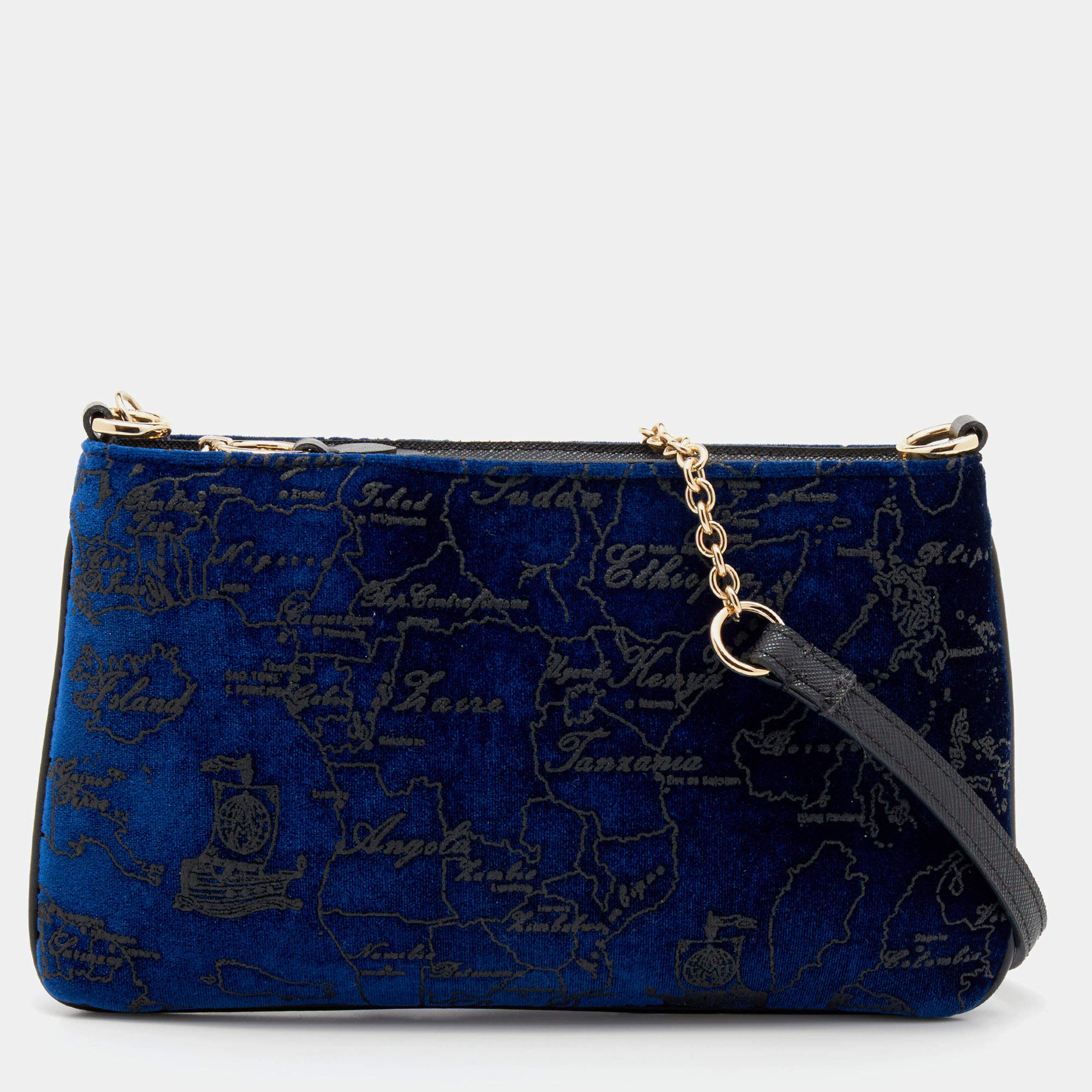 Pre Owned Alviero Martini 1A Classe Dark Blue Geo Print Velvet and Leather Shoulder Bag