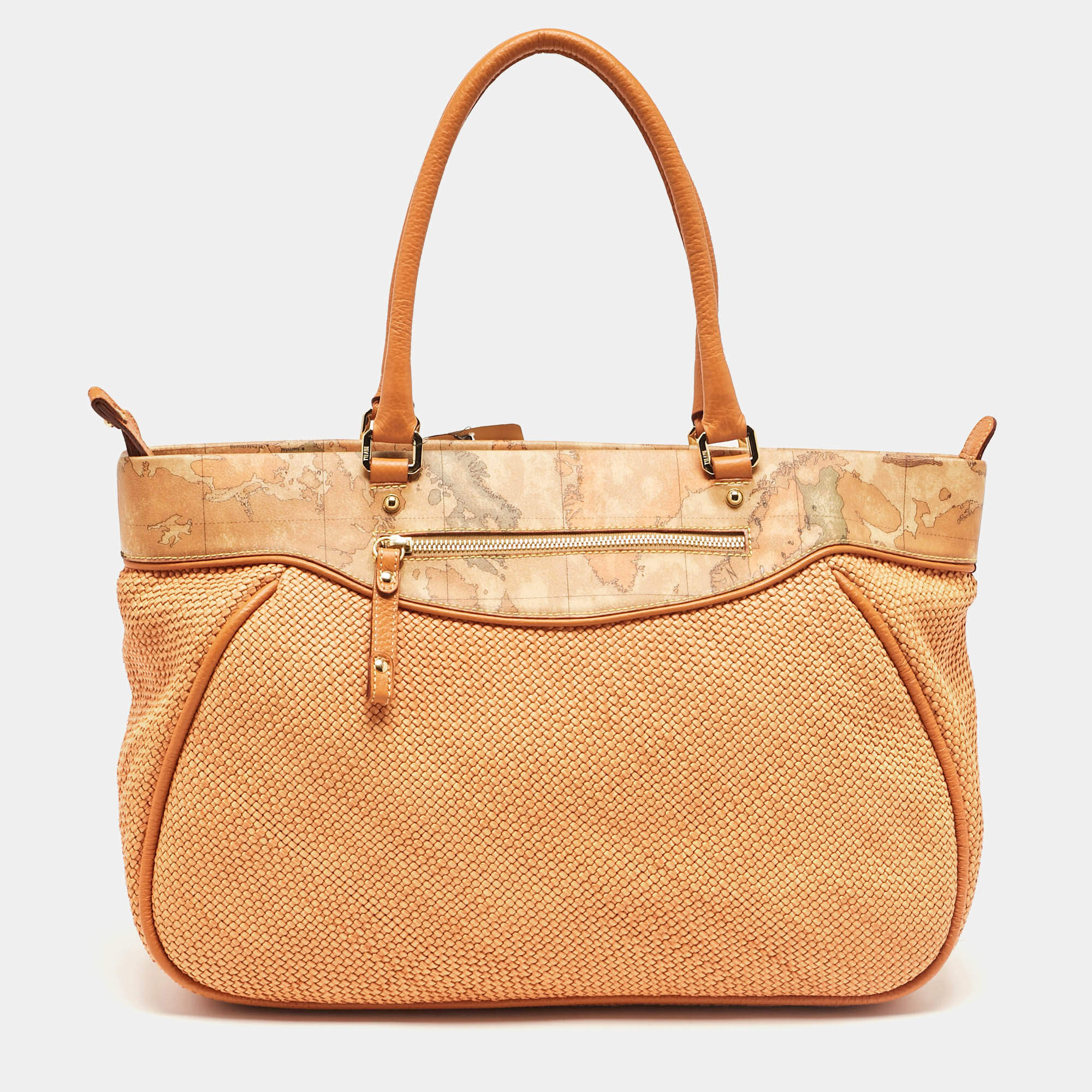 Pre Owned Alviero Martini 1A Classe Orange/Tan Geo Print Coated Canvas and Woven Leather Zip Tote