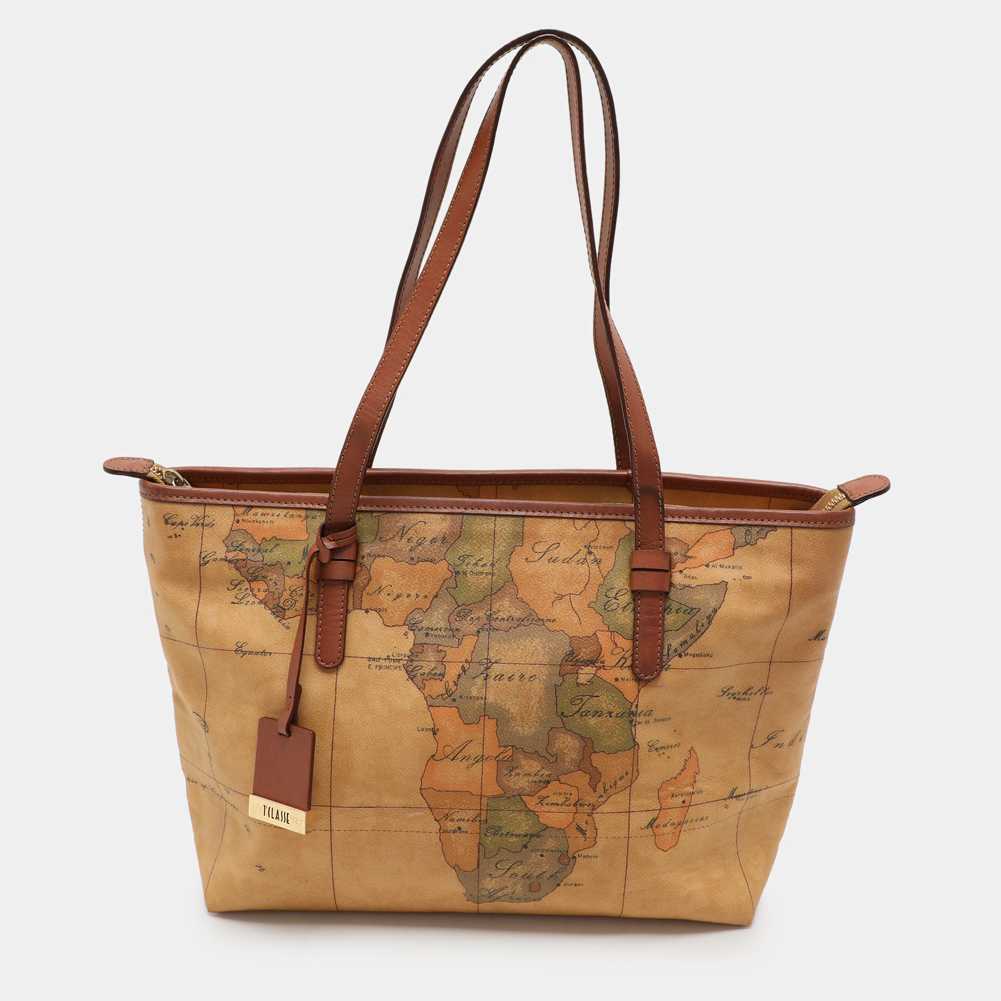 Alviero Martini 1A Classe Beige Geo Classic Printed Coated Canvas and Leather Tote