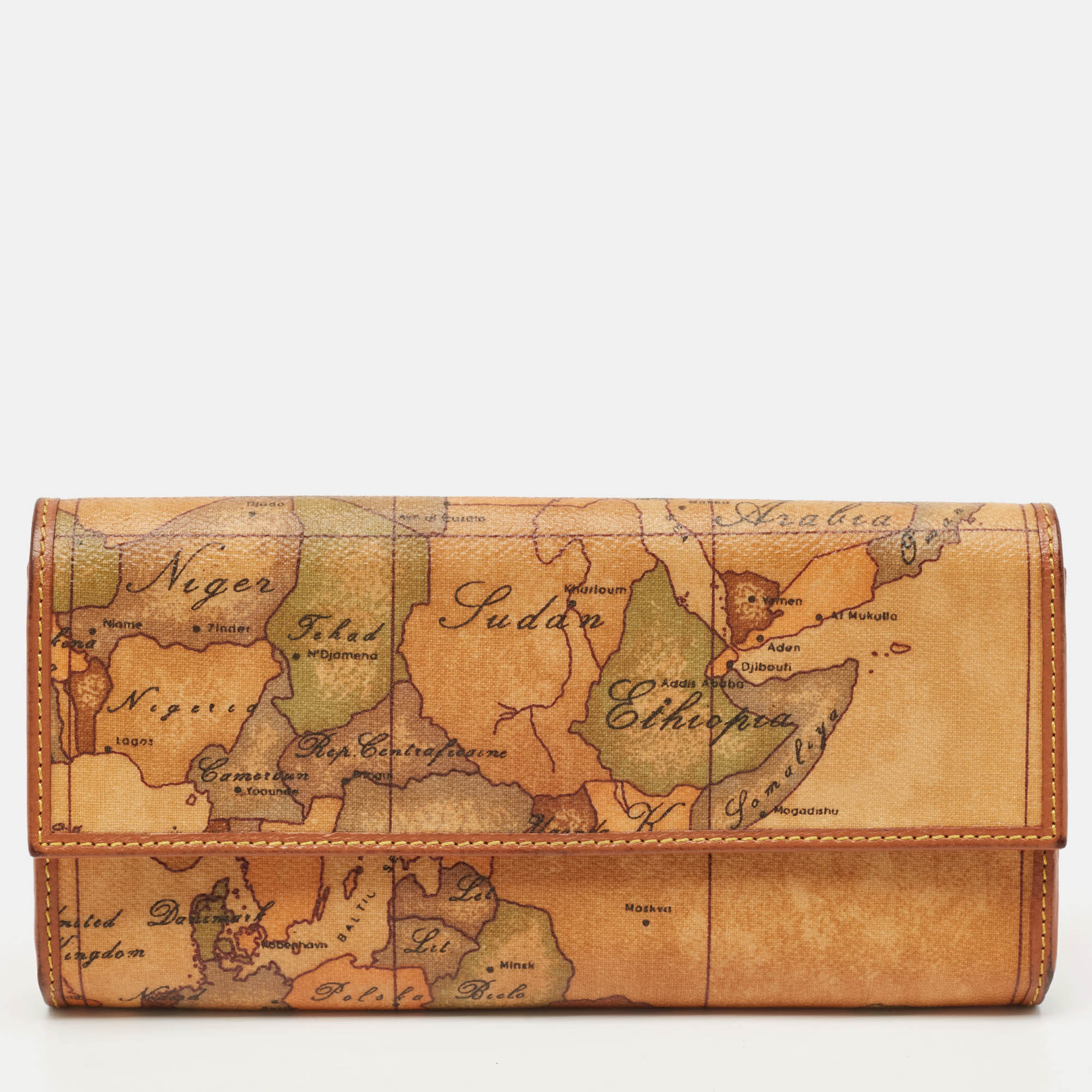 Alviero Martini 1A Classe Tan Geo Print Coated Canvas and Leather Flap Continental Wallet