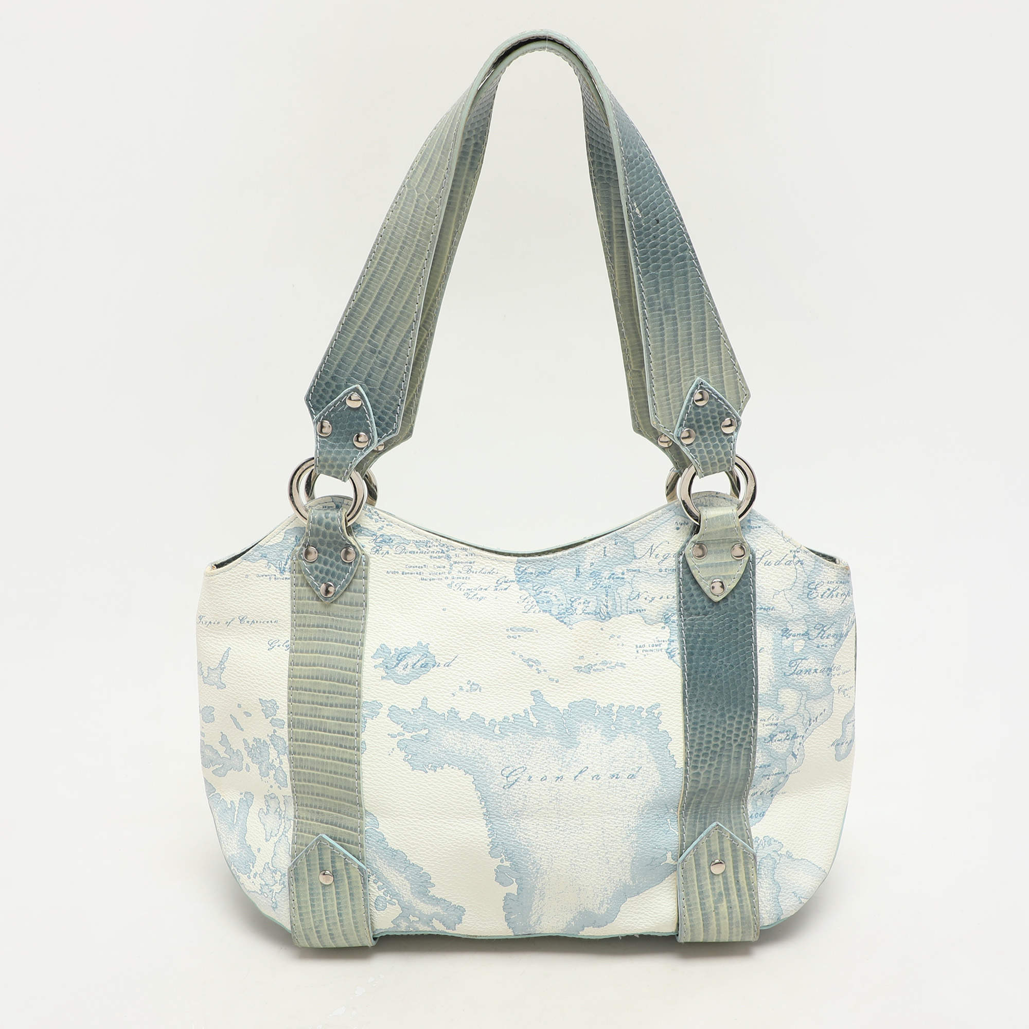 Alviero Martini 1A Classe Blue Geo Print Coated Canvas Vintage Shoulder Bag