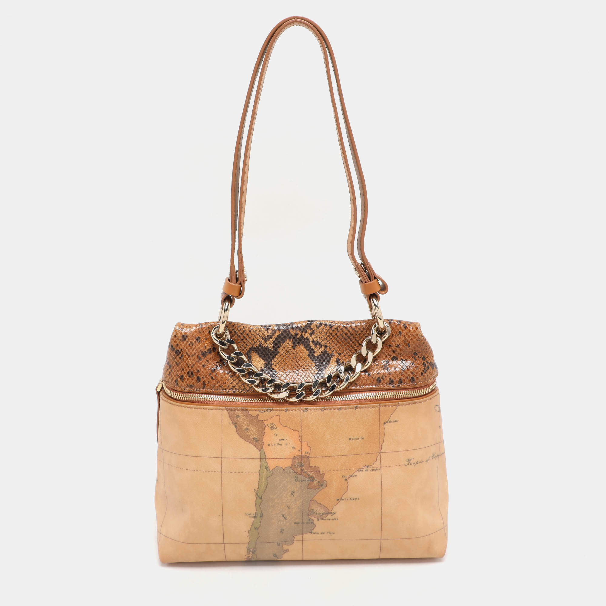 Alviero Martini 1A Classe Tan Geo Canvas and Python Embossed Leather Top Handle Bag