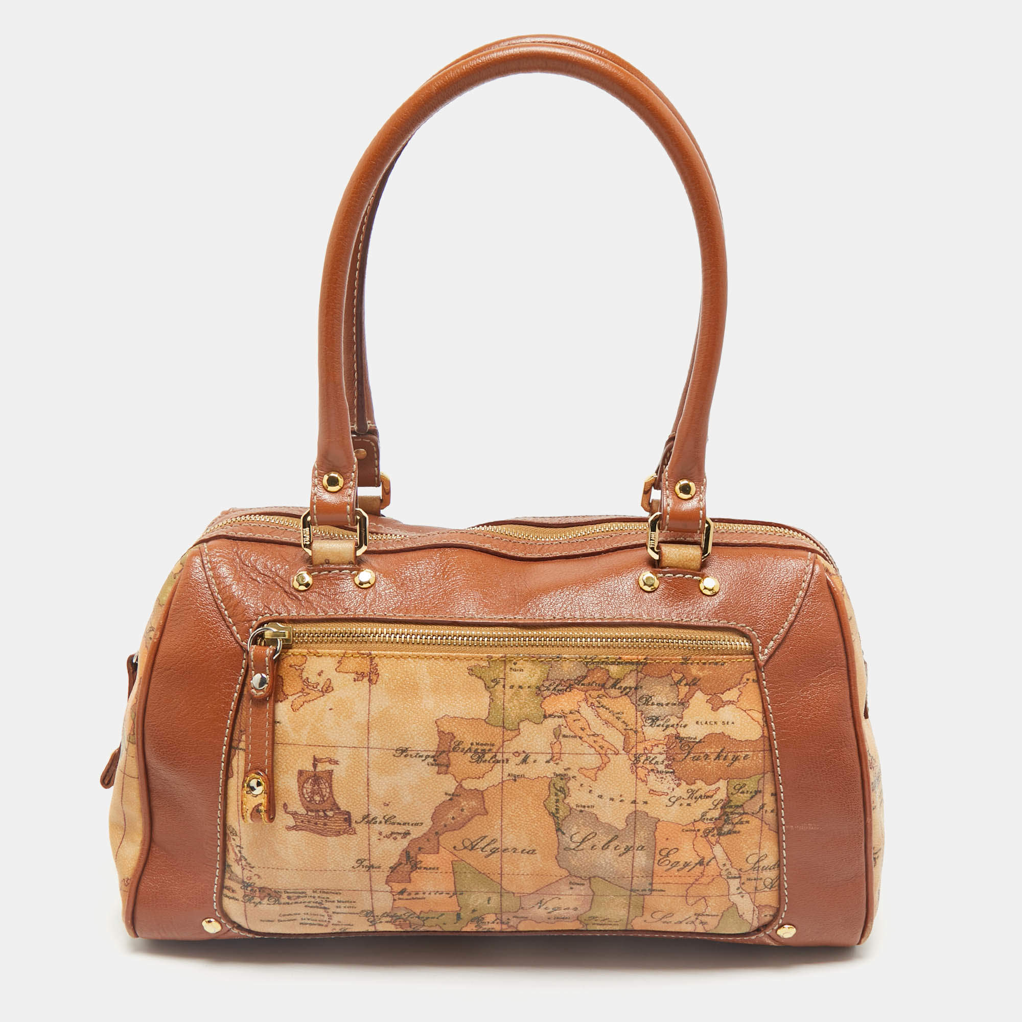 Alviero Martini 1A Classe Tan/Brown Geo Print Coated Canvas Satchel