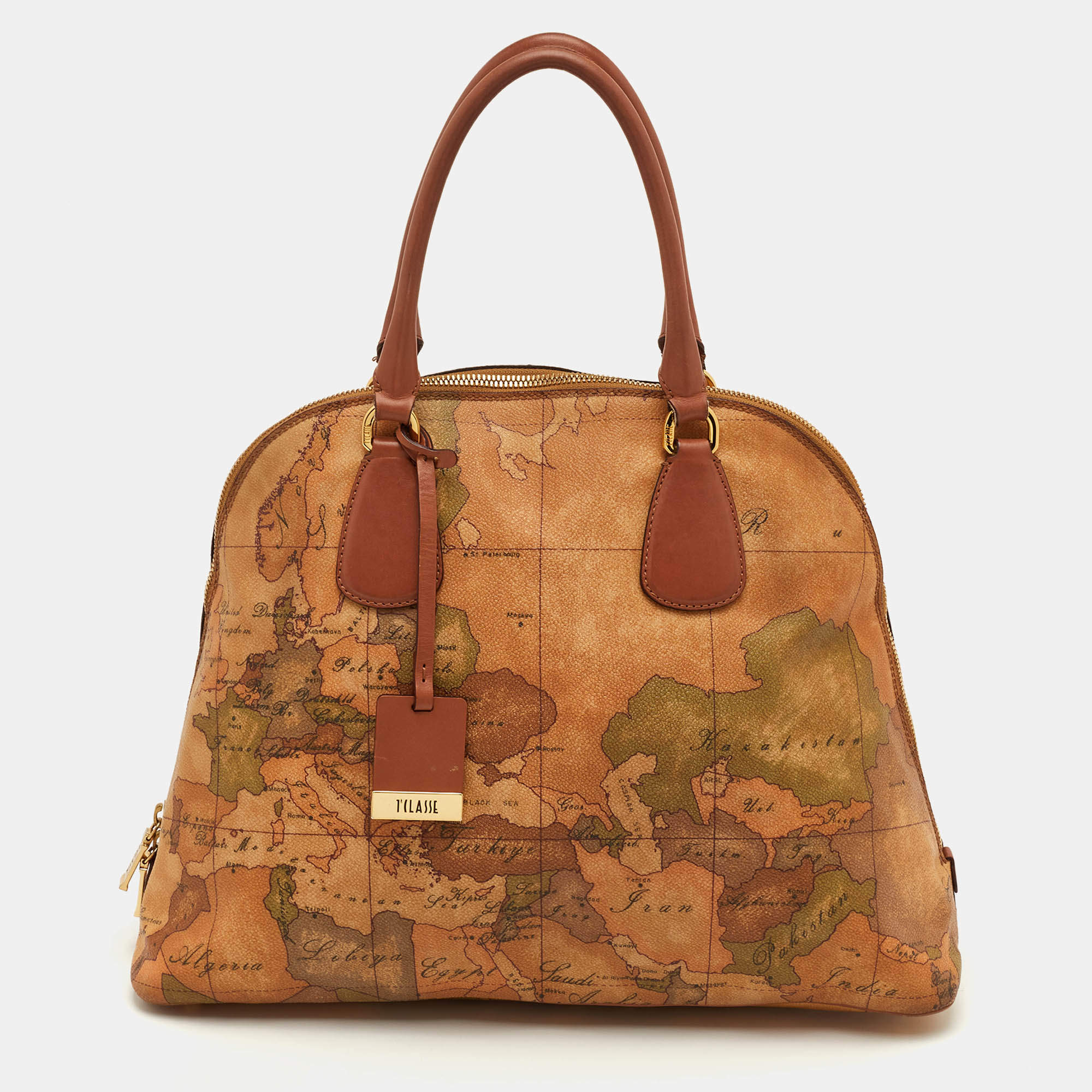 Pre Owned حقيبة ساتشيل الفييرو ماركيني 1A كلاسيه قماش مطلي وجلد بطبعة جغرافية بيج/بني