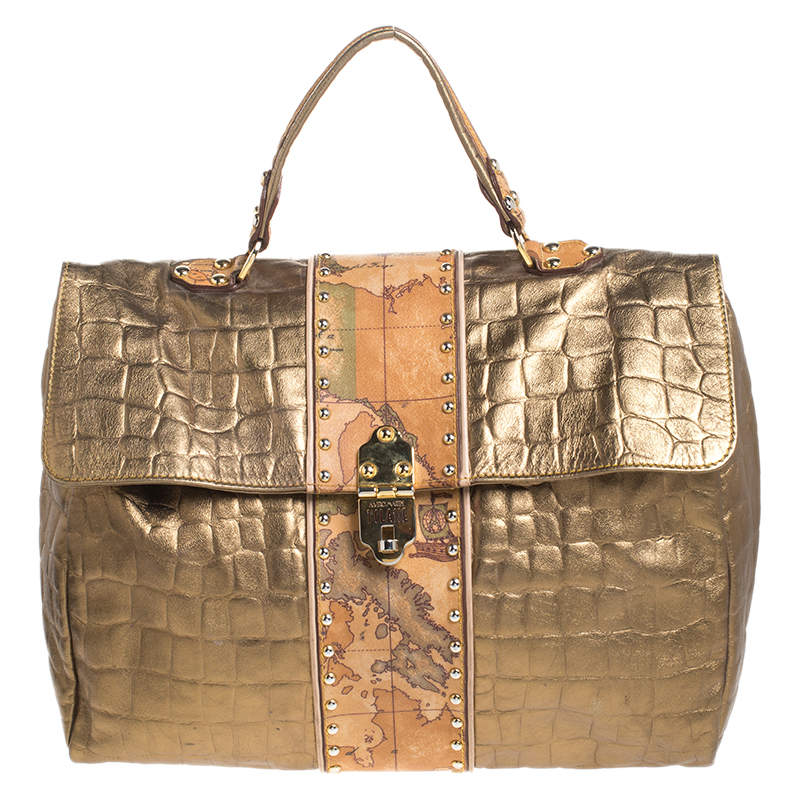 Alviero Martini 1A Classe Metallic Gold Croc Embossed Leather and Coated Canvas Geo Print Top Handle Bag