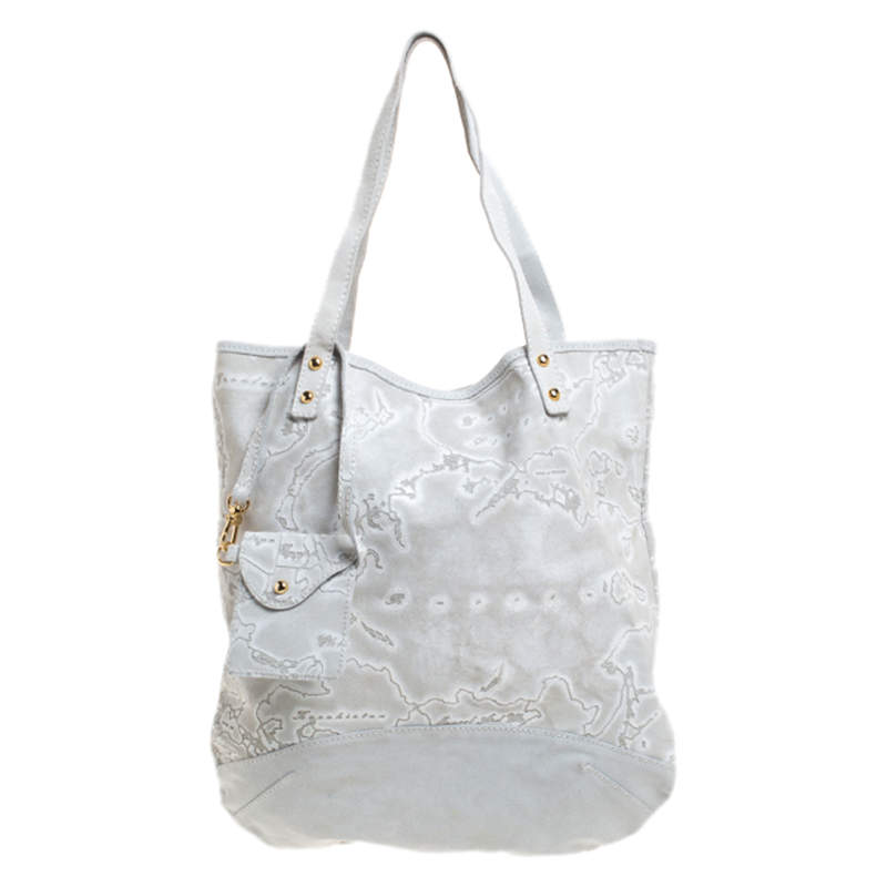 Pre Owned Alviero Martini 1A Classe Light Grey Embossed Print Suede Tote
