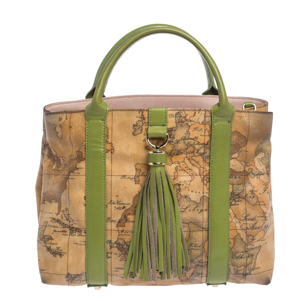 Pre Owned Alviero Martini 1A Classe Beige/Green Geo Print Coated Canvas and Leather Tassel Tote