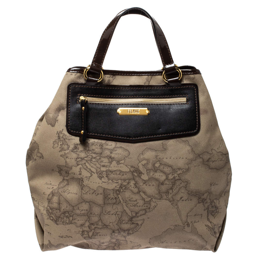 Pre Owned Alviero Martini 1A Classe Beige/Dark Brown Coated Canvas and Patent Leather Tote