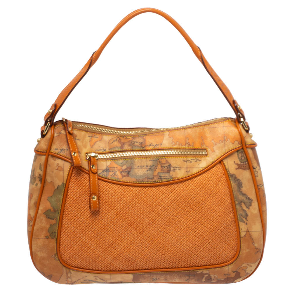Pre Owned Alviero Martini 1A Classe Orange Geo Print Coated Canvas and Woven Leather Front Pocket Hobo