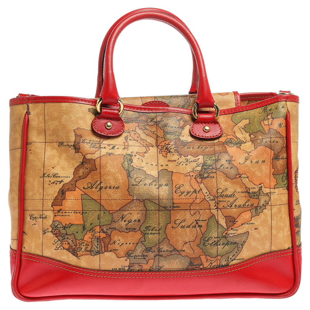 Pre Owned Alviero Martini 1A Classe Beige/Red Geo Print Coated Canvas and Leather Tote
