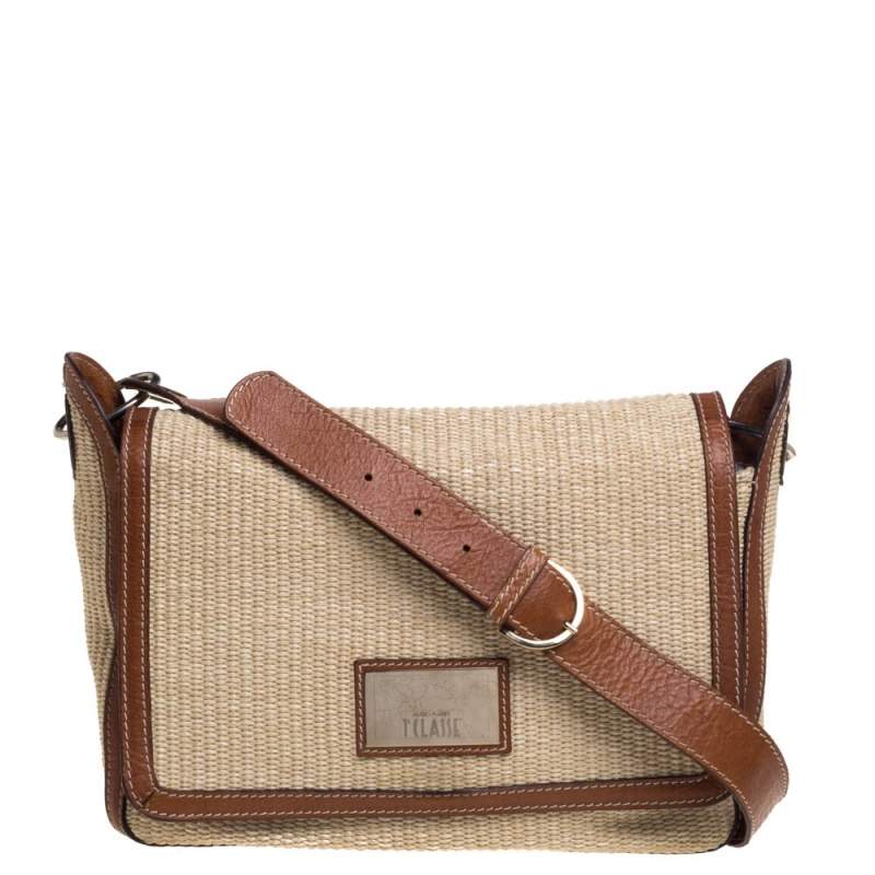 Pre Owned Alviero Martini 1A Classe Brown/Beige Rafia and Leather Messenger Bag