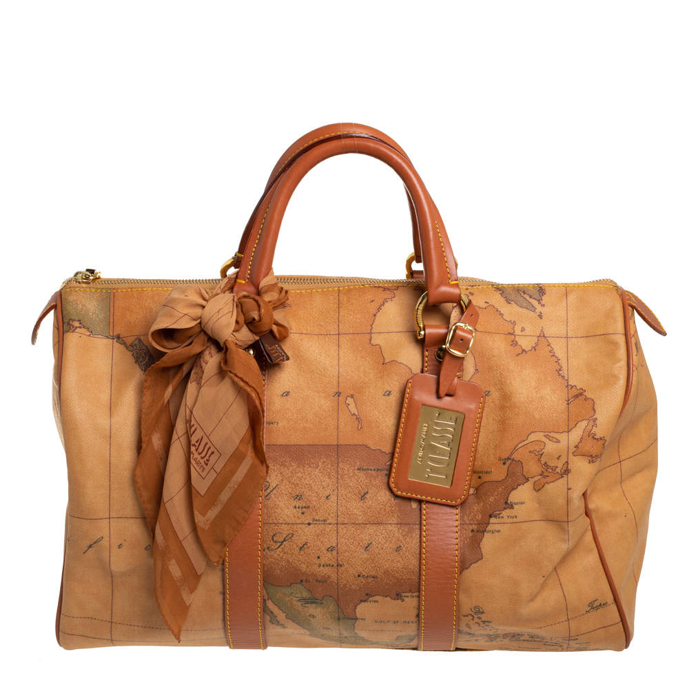 Pre Owned Alivero Martini 1A Classe Tan Geo Print Coated Canvas and Leather Duffel Bag