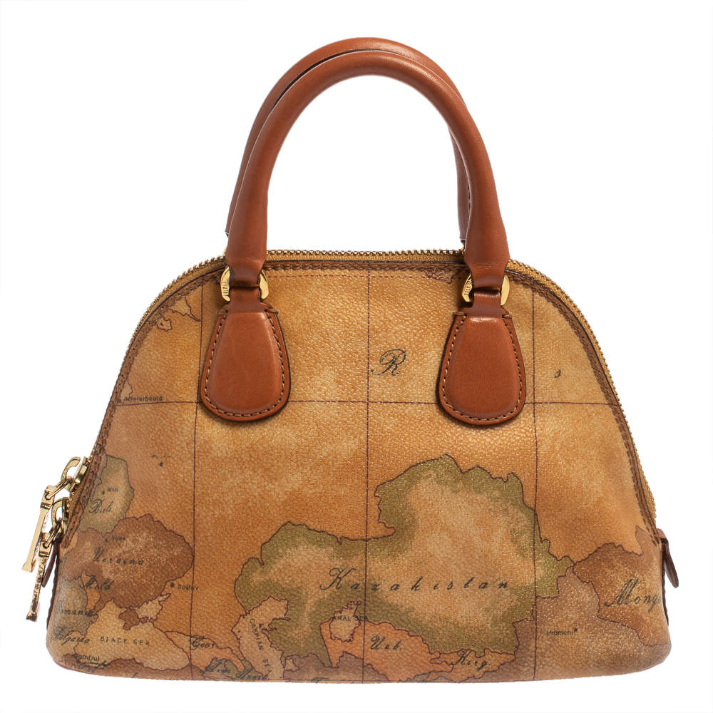 Pre Owned Alviero Martini 1A Classe Brown Geo Print Canvas and Leather Crossbody Bag