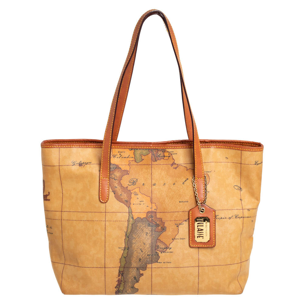 Pre Owned Alviero Martini 1A Classe Tan Geo Print Coated Canvas Zip Tote
