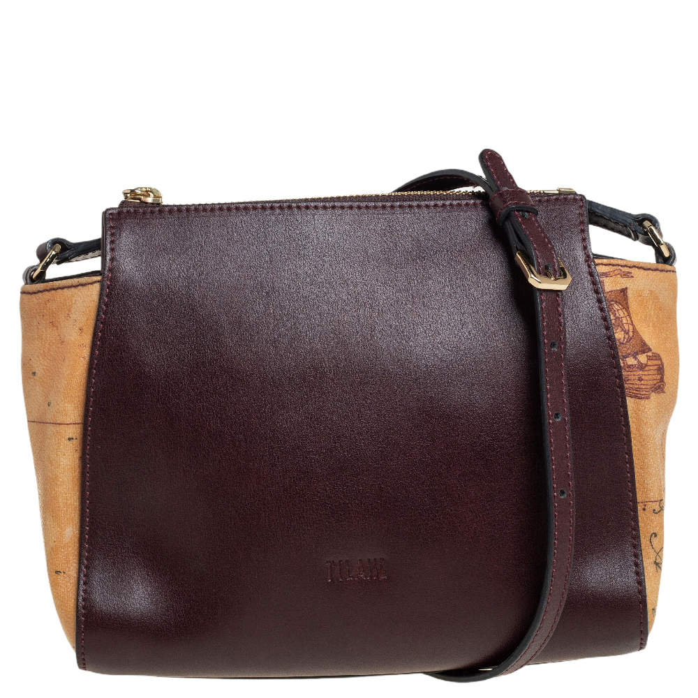 Pre Owned Alviero Martini 1A Classe Burgundy Leather and Coated Canvas Crossbody Bag