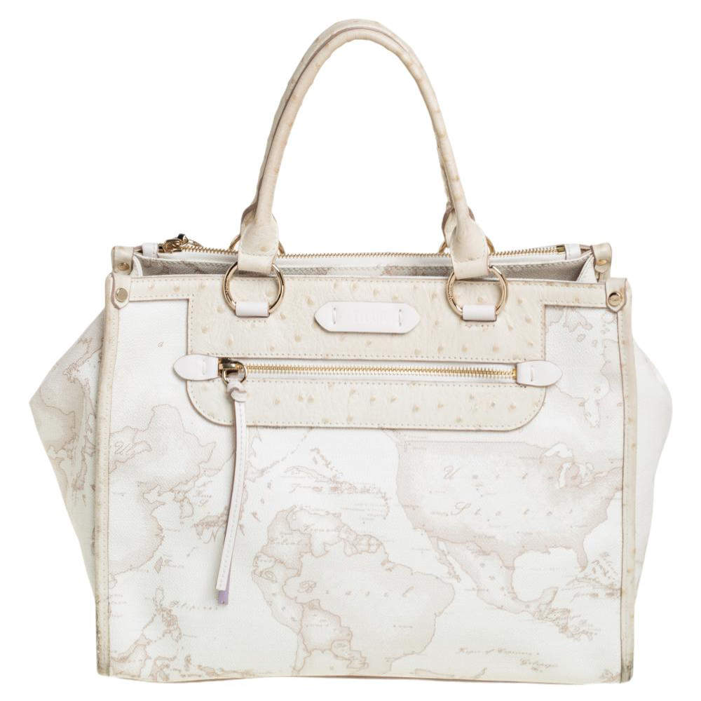 Pre Owned Alviero Martini 1A Classe  Cream Coated Canvas And Ostrich Embossed Leather Geo Sahara Tote