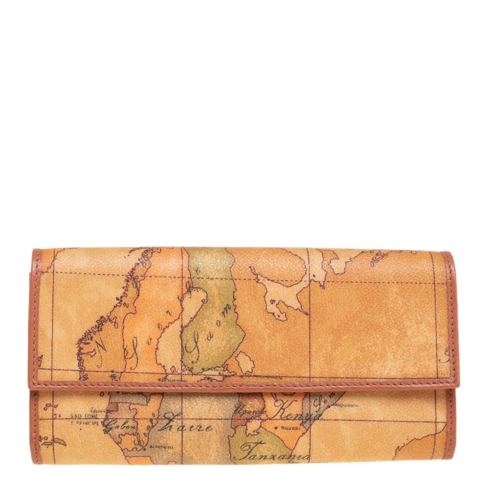 Pre Owned Alviero Martini 1A Classe Tan Geo Print Coated Canvas and Leather Continental Wallet
