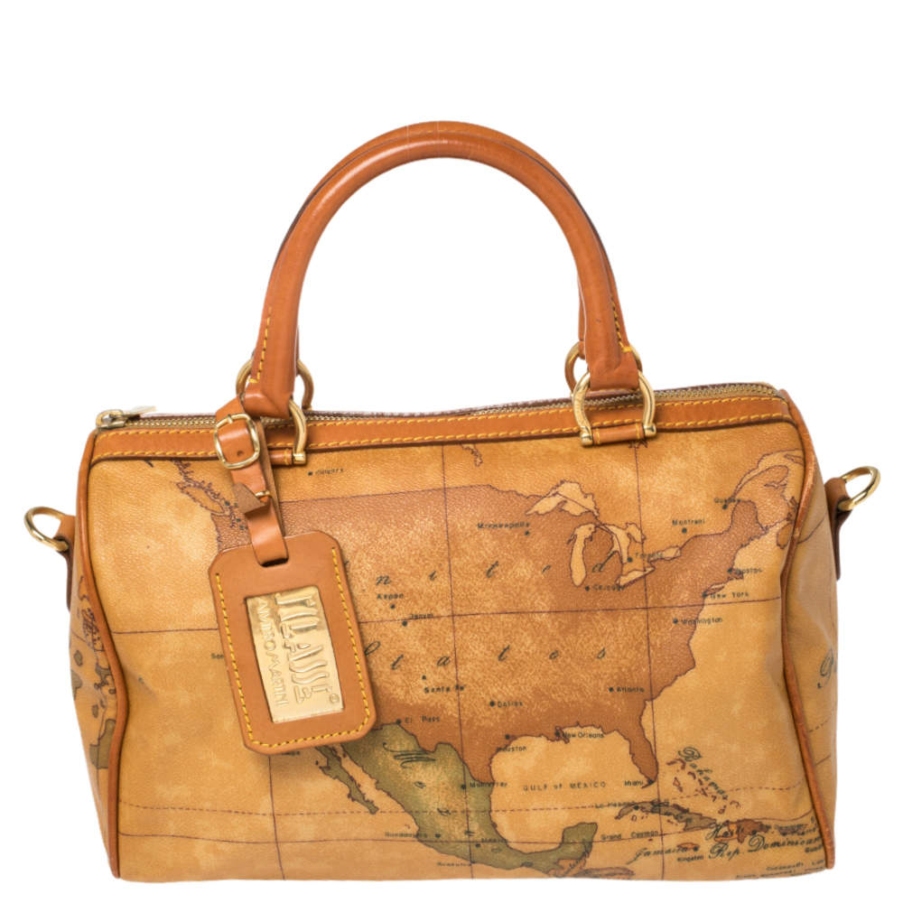 مملوكة مسبقًا Alviero Martini 1A Classe Tan Geo Classic Print Coated Canvas Satchel