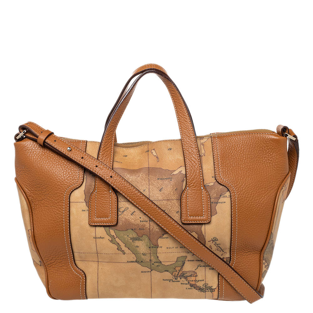 Pre Owned Alviero Martini 1A Classe Tan Geo Classic Print Coated Canvas Satchel