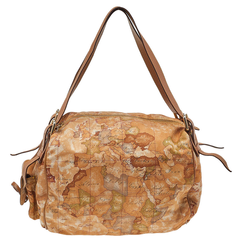 Pre Owned Alviero Martini 1A Classe Geo Print Beige-Brown Nylon And Leather Satchel