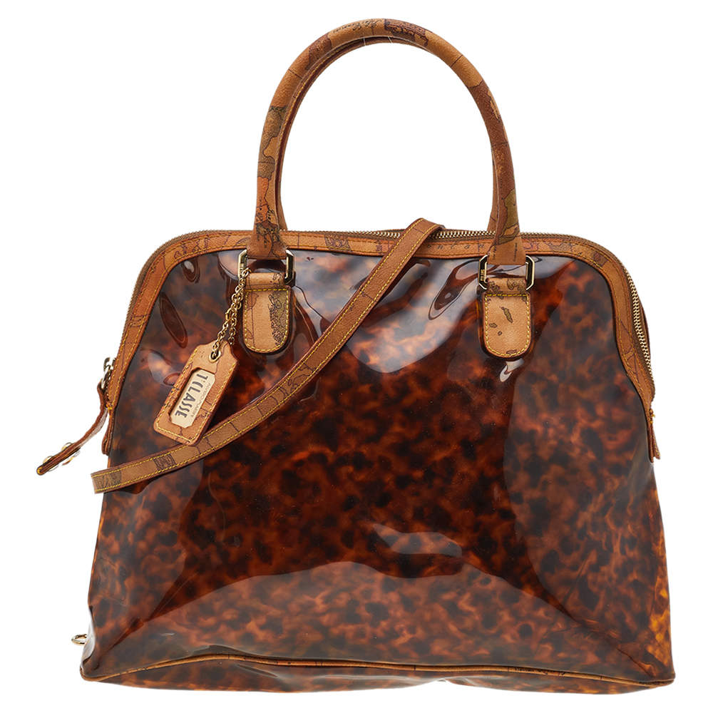 Pre Owned Alviero Martini 1A Classe Geo Print Beige/Brown Leather And Vinyl Dome Satchel