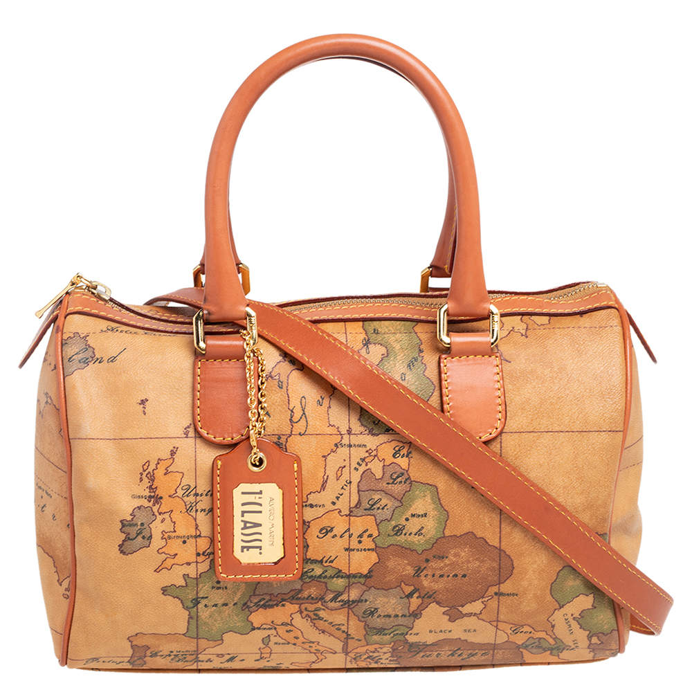 Pre Owned Alviero Martini 1A Classe Brown Coated Canvas and Leather Geo Print Satchel