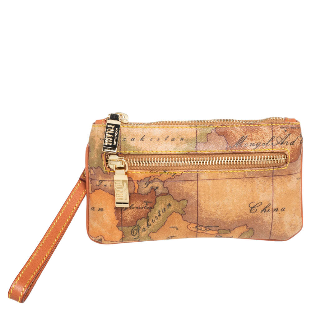 Pre Owned Alviero Martini 1A Classe Tan Geo Classic Print Coated Canvas Wristlet Pouch