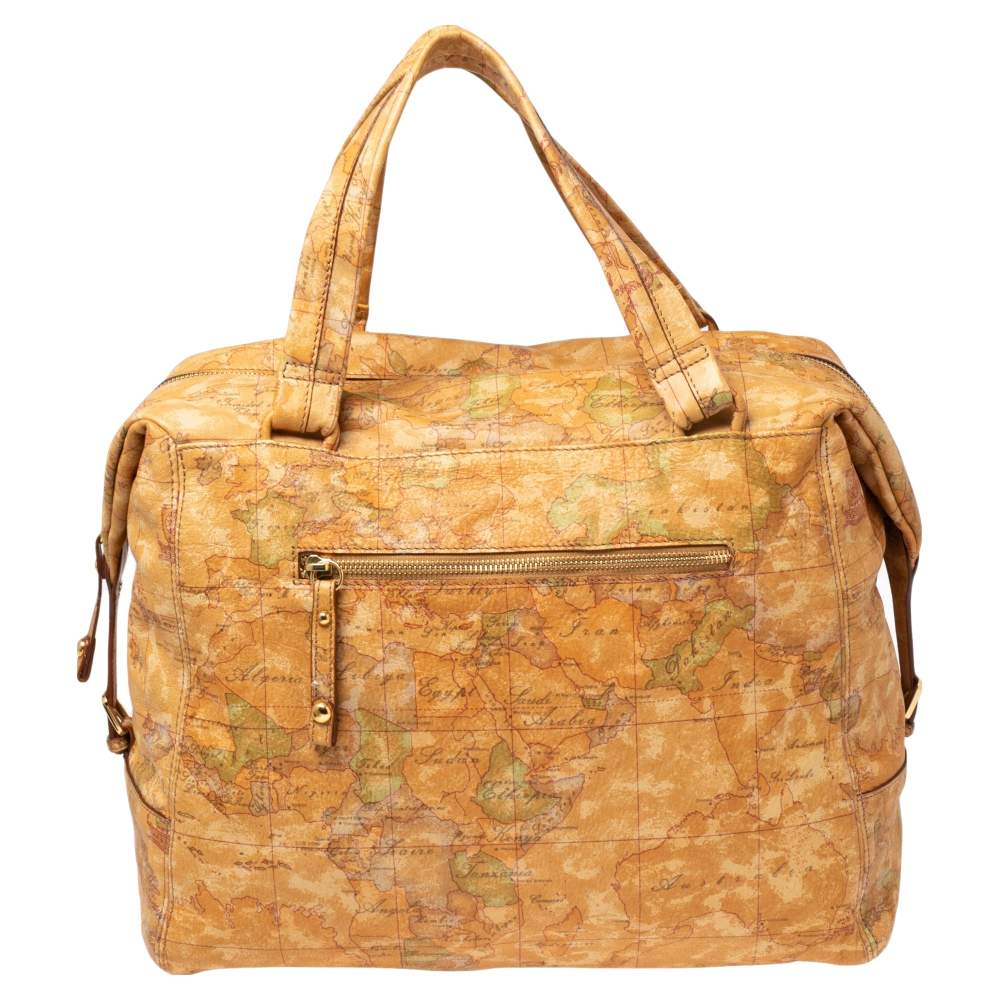 Alviero Martini 1A Classe Tan Geo Print Coated Canvas Front Pocket Satchel