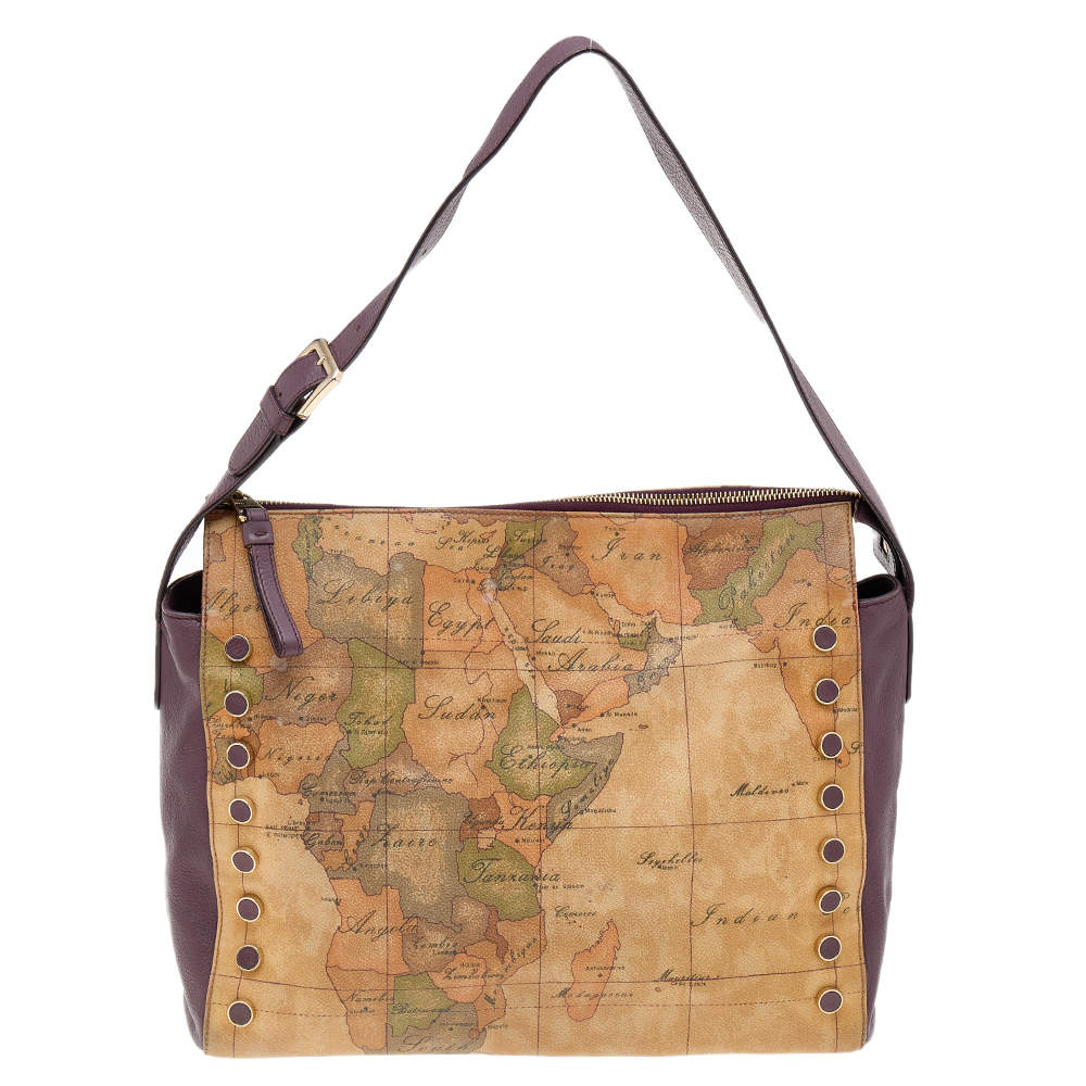 Pre Owned Alviero Martini 1A Classe Tan/Purple Geo Print Coated Canvas and Leather Shoulder Bag