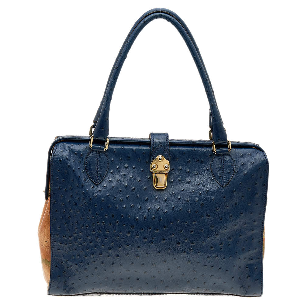 Pre Owned Alviero Martini 1A Classe Blue/Beige Ostrich Embossed Leather Satchel