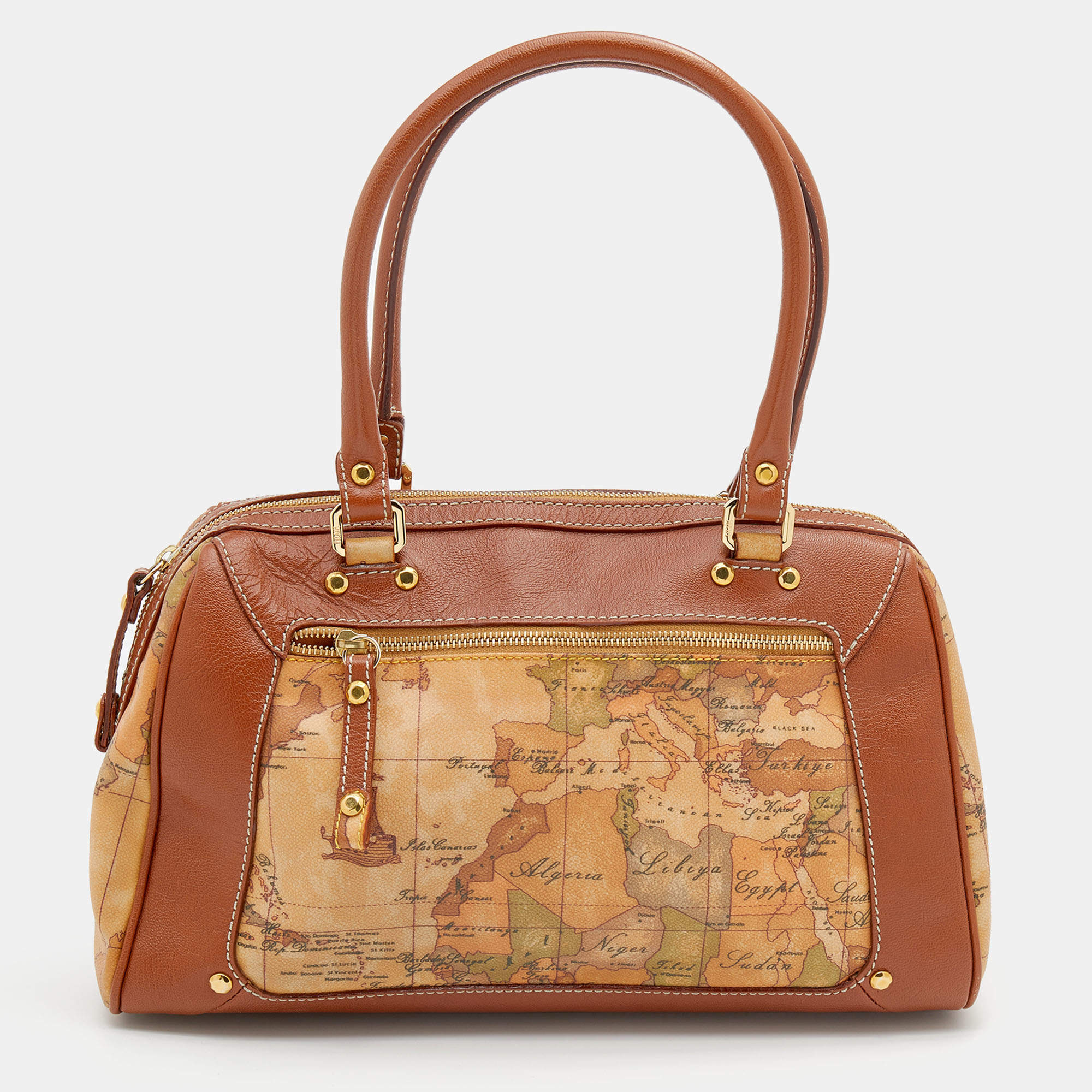 Pre Owned Alviero Martini 1A Classe Tan/Brown Geo Print Coated Canvas and Leather Satchel