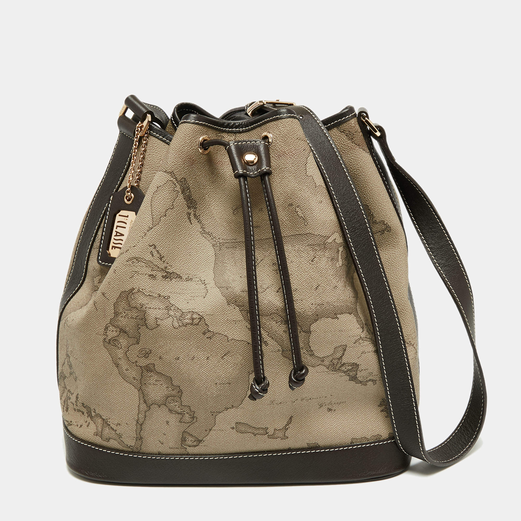 Pre Owned Alviero Martini 1A Classe Brown/Beige Coated Canvas and Leather Geo Classic Bucket Bag