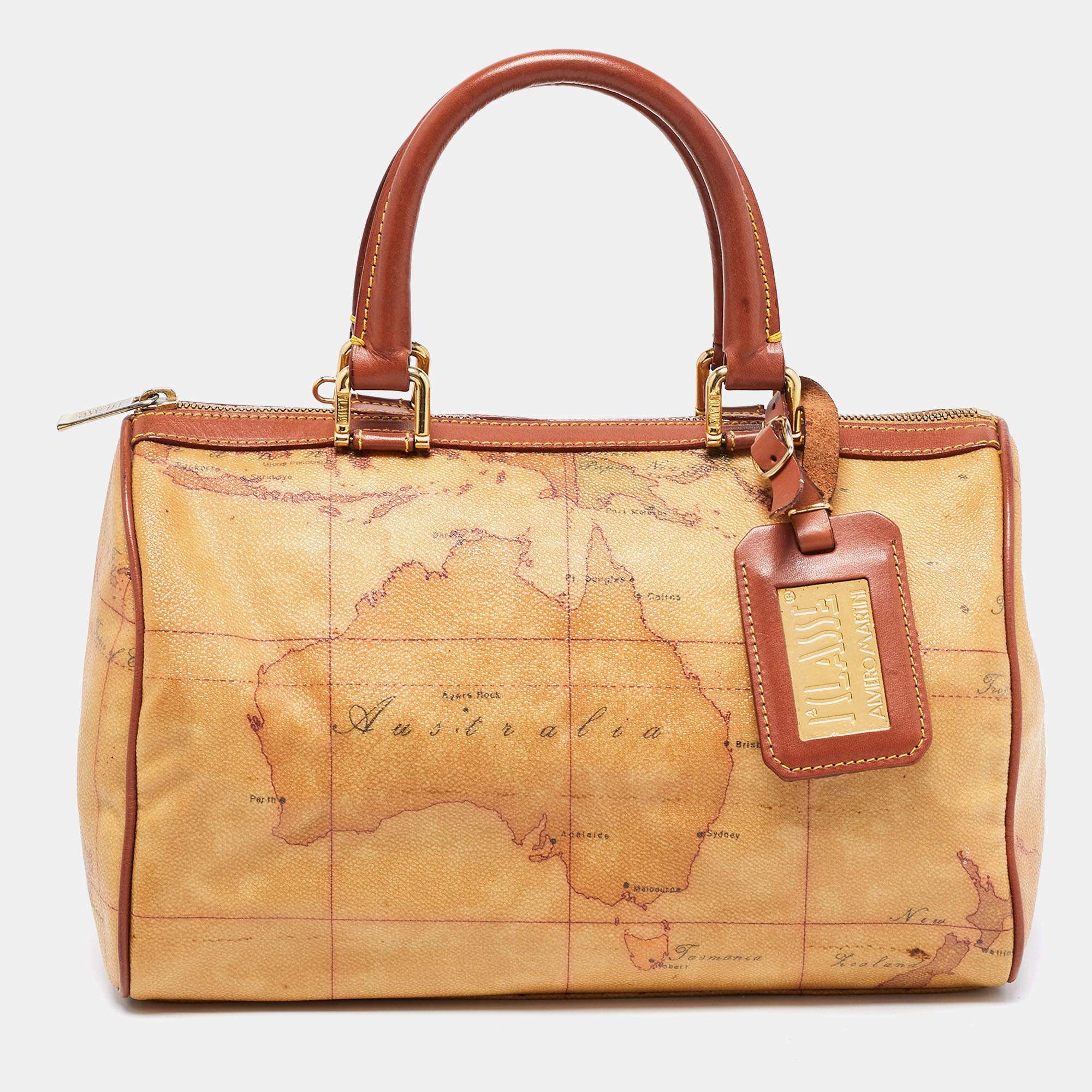 Pre Owned Alviero Martini 1A Classe Brown Geo Print Coated Canvas And Leather Satchel