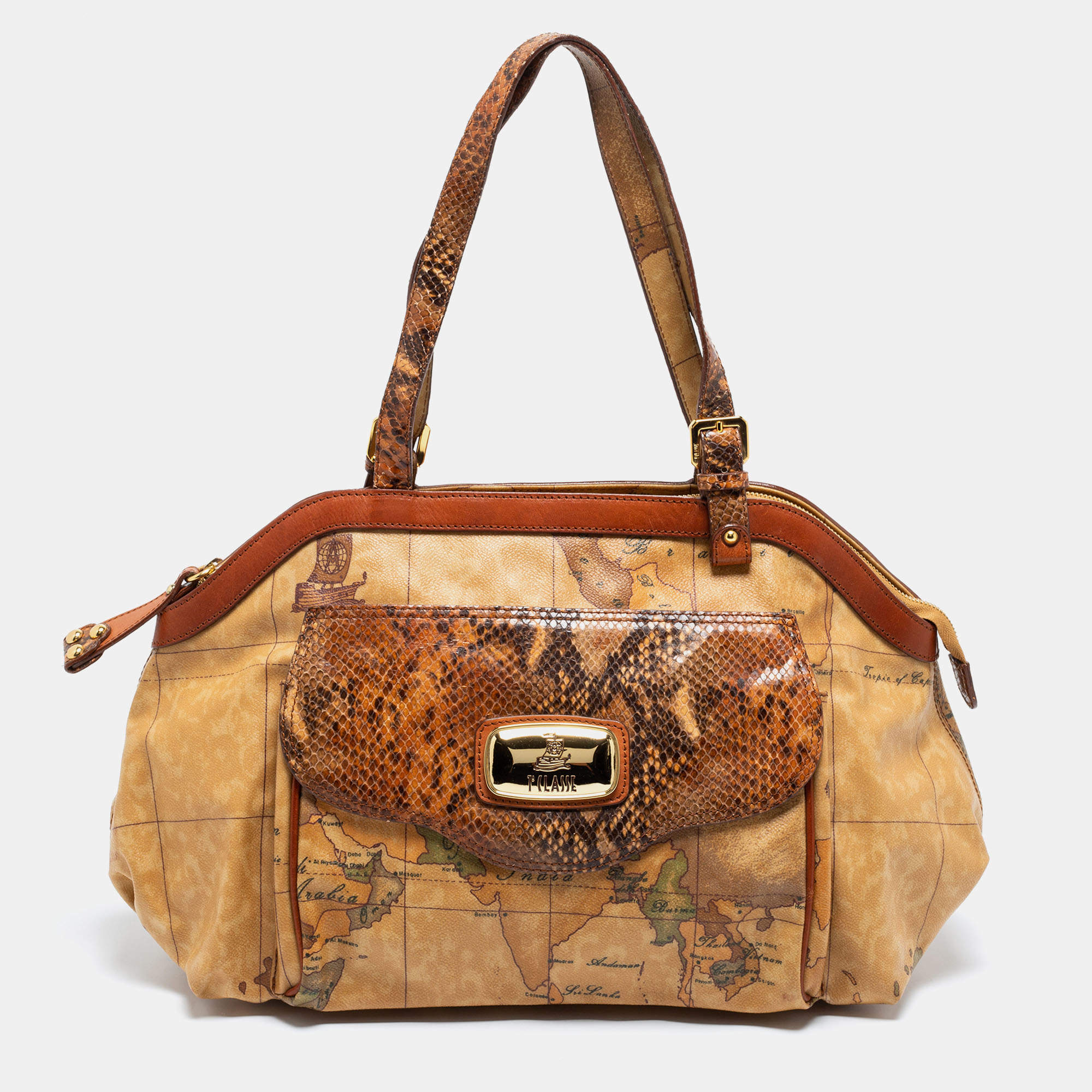 Pre Owned Alviero Martini 1A Classe Beige/Brown Geo Print Coated Canvas/Python Leather Front Pocket Tote