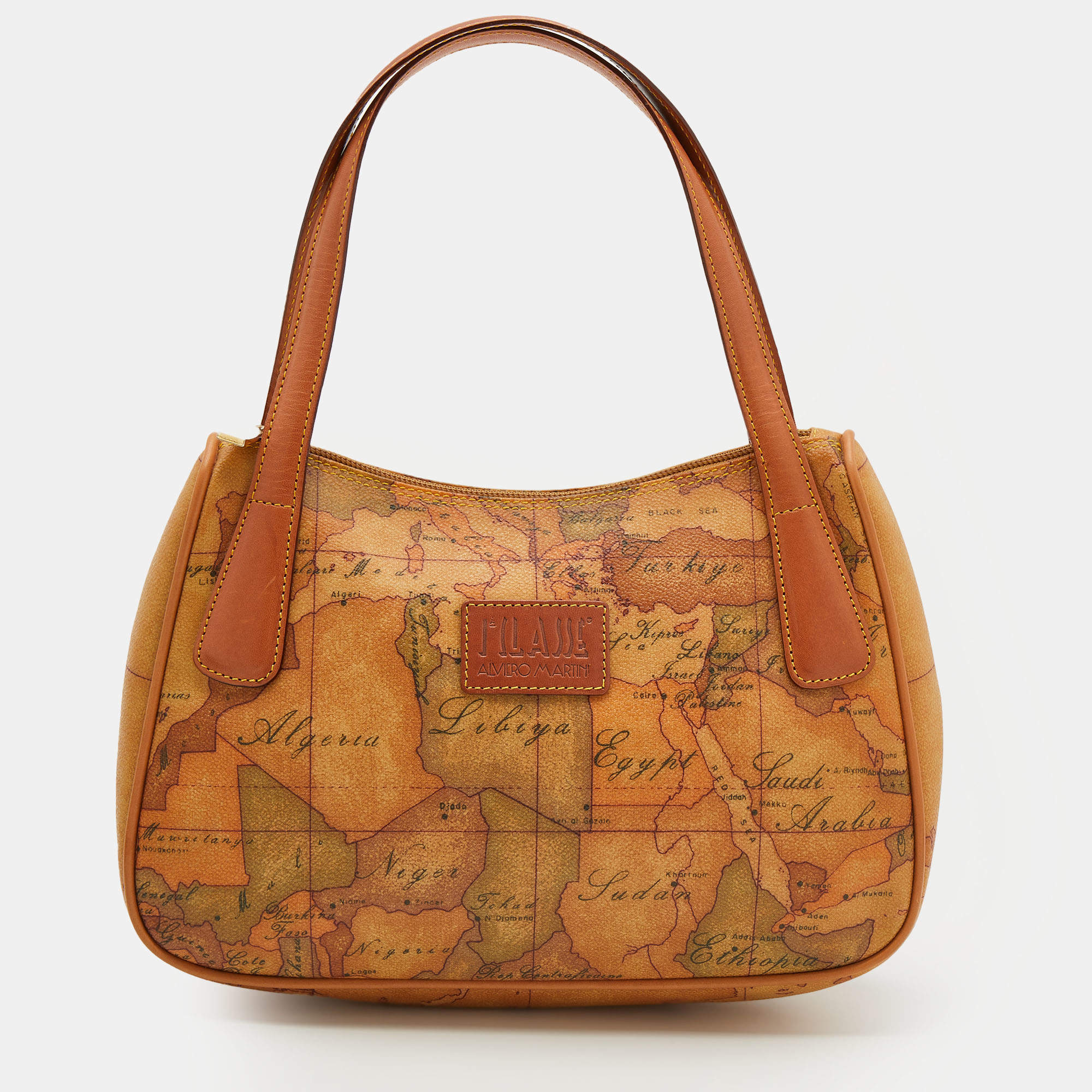 Pre Owned Alviero Martini 1A Classe Tan/Brown Geo Print Coated Canvas And Leather Satchel