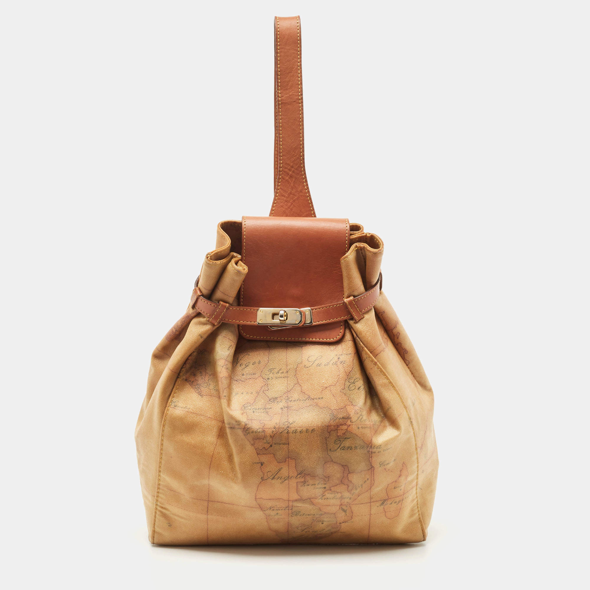 Alviero Martini 1A Classe Tan Geo Coated Canvas and Leather Flap Sling Backpack