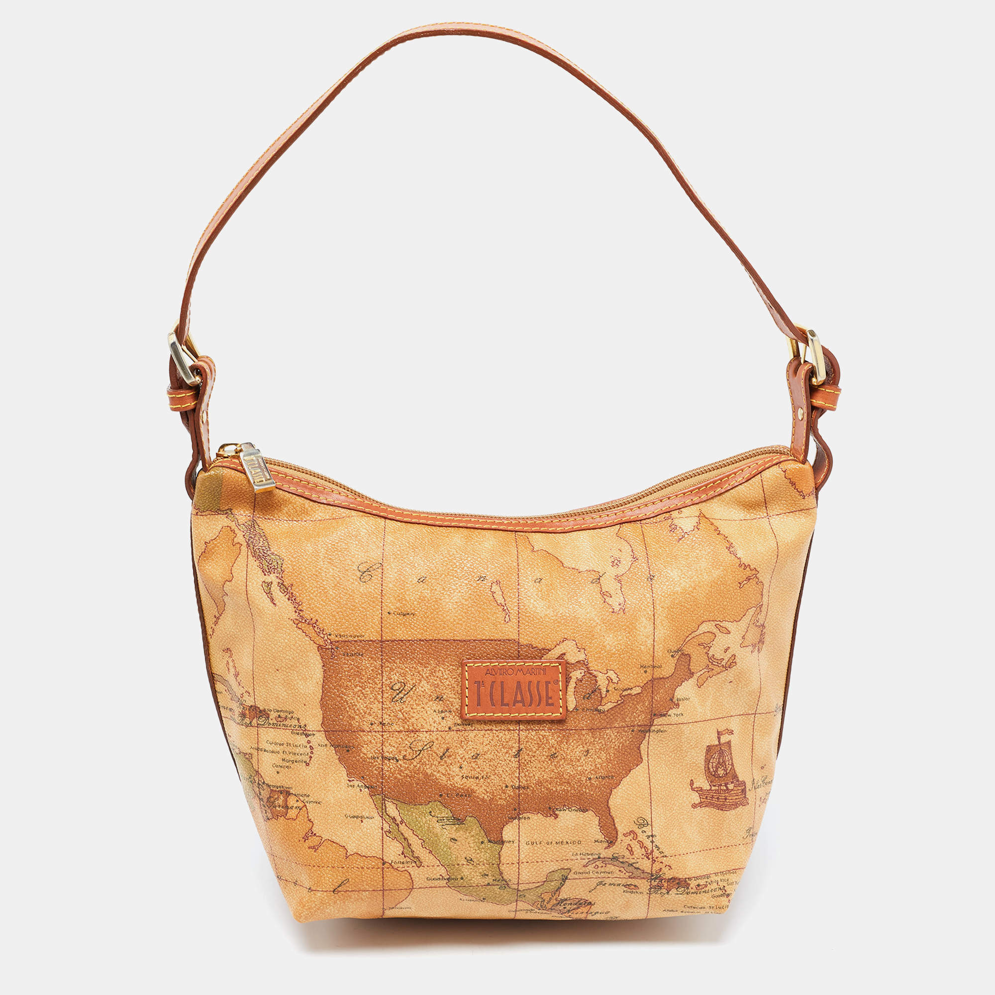 Pre Owned Alviero Martini 1A Classe Tan Geo Classic Print Coated Canvas and Leather Baguette Bag