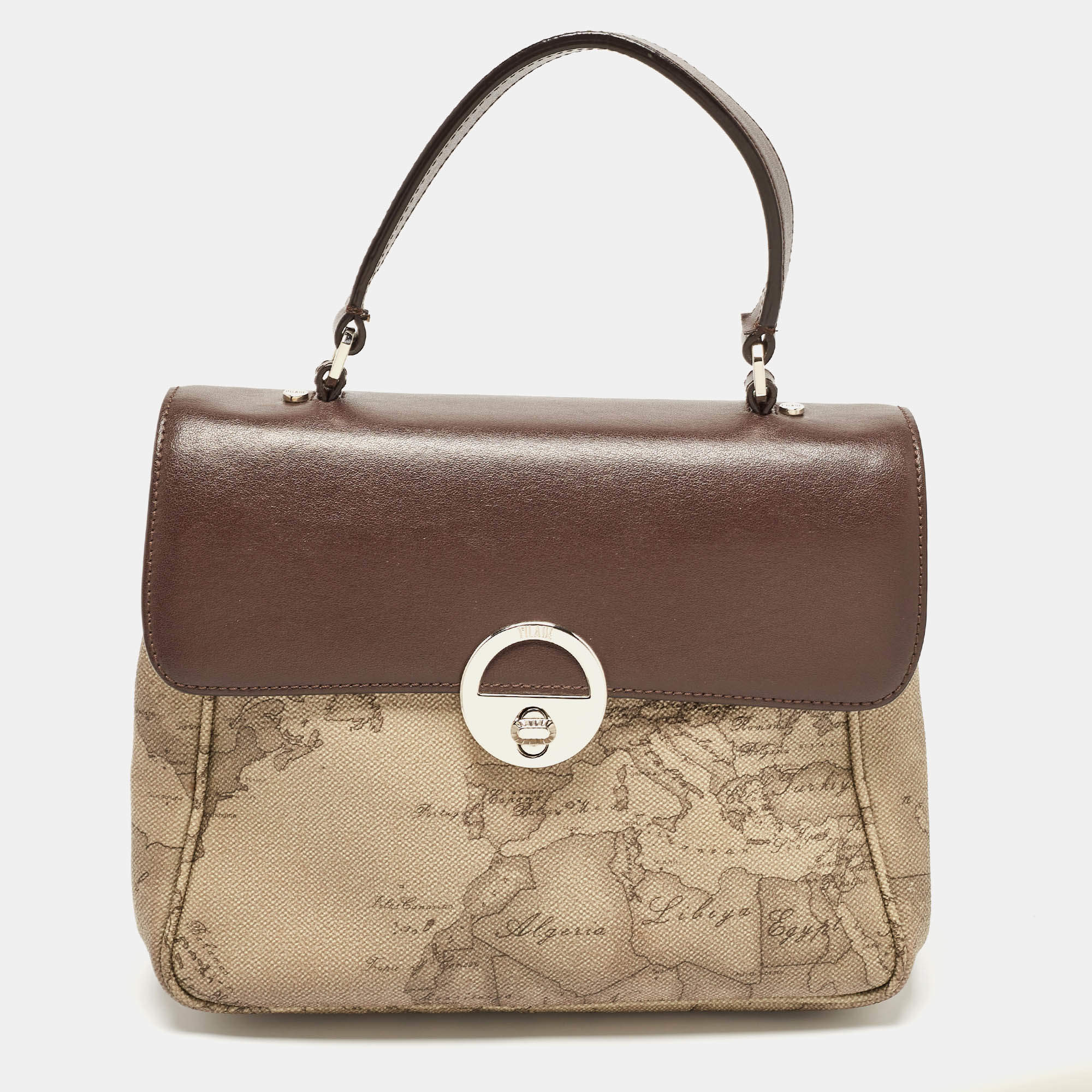 Alviero Martini 1A Classe Choco Brown/Beige Coated Canvas and Leather Top Handle Bag
