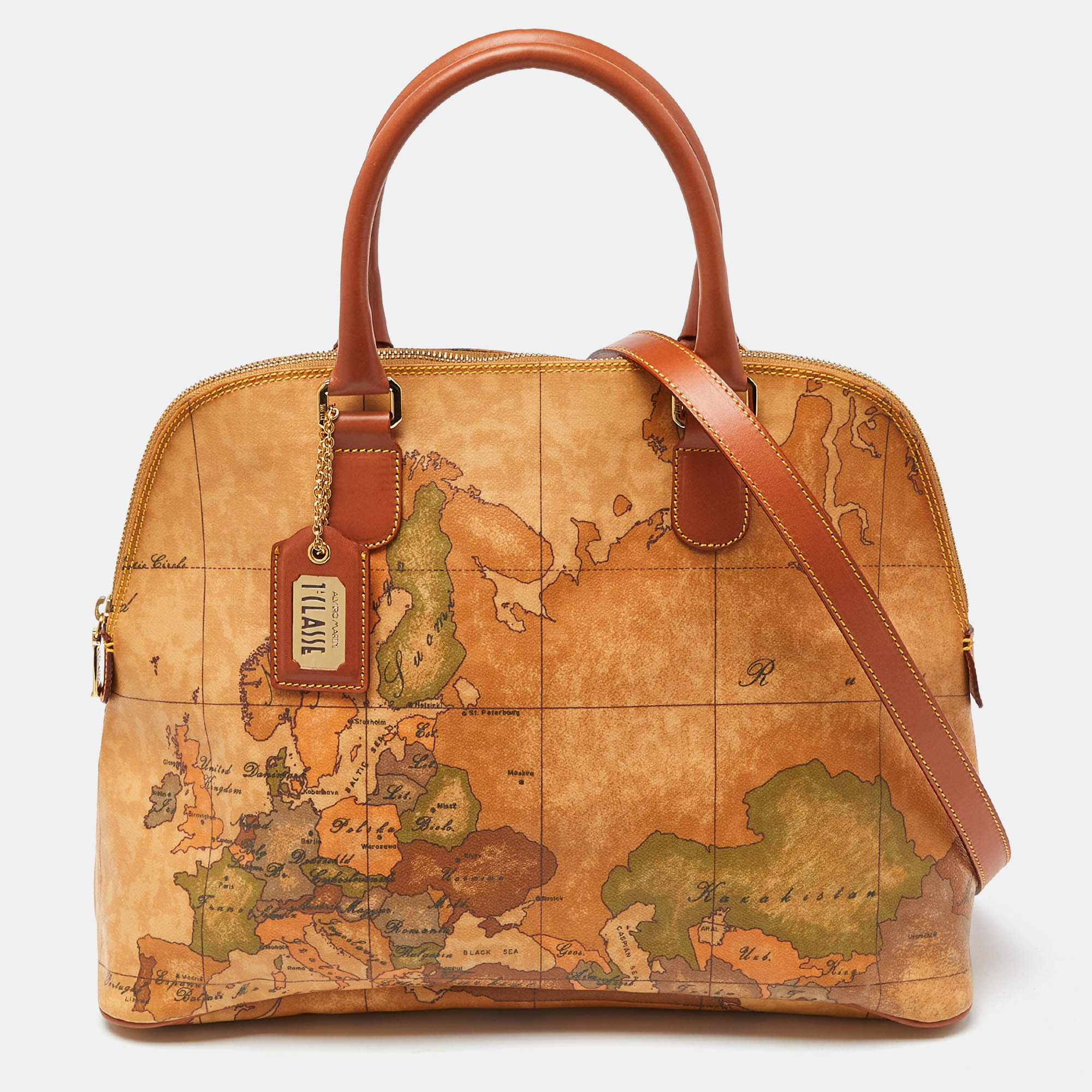 Alviero Martini 1A Classe Brown Geo Print Coated Canvas and Leather Dome Satchel