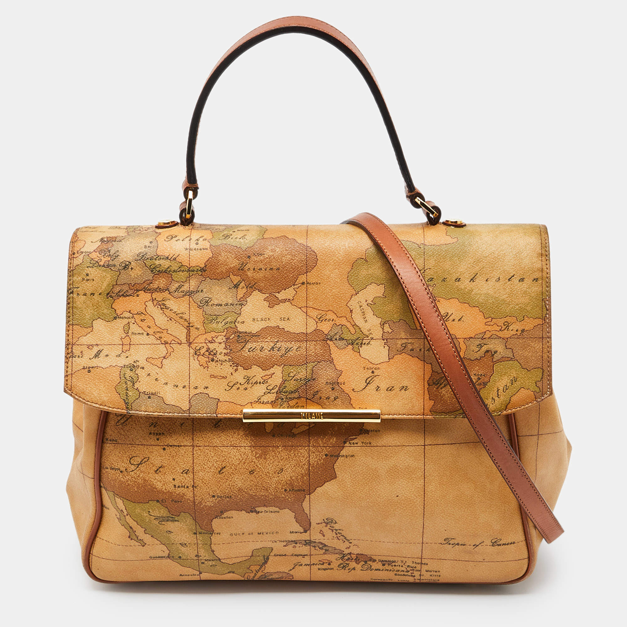 Alviero Martini 1A Classe Beige Geo Print Coated Canvas and Leather Top Handle Bag