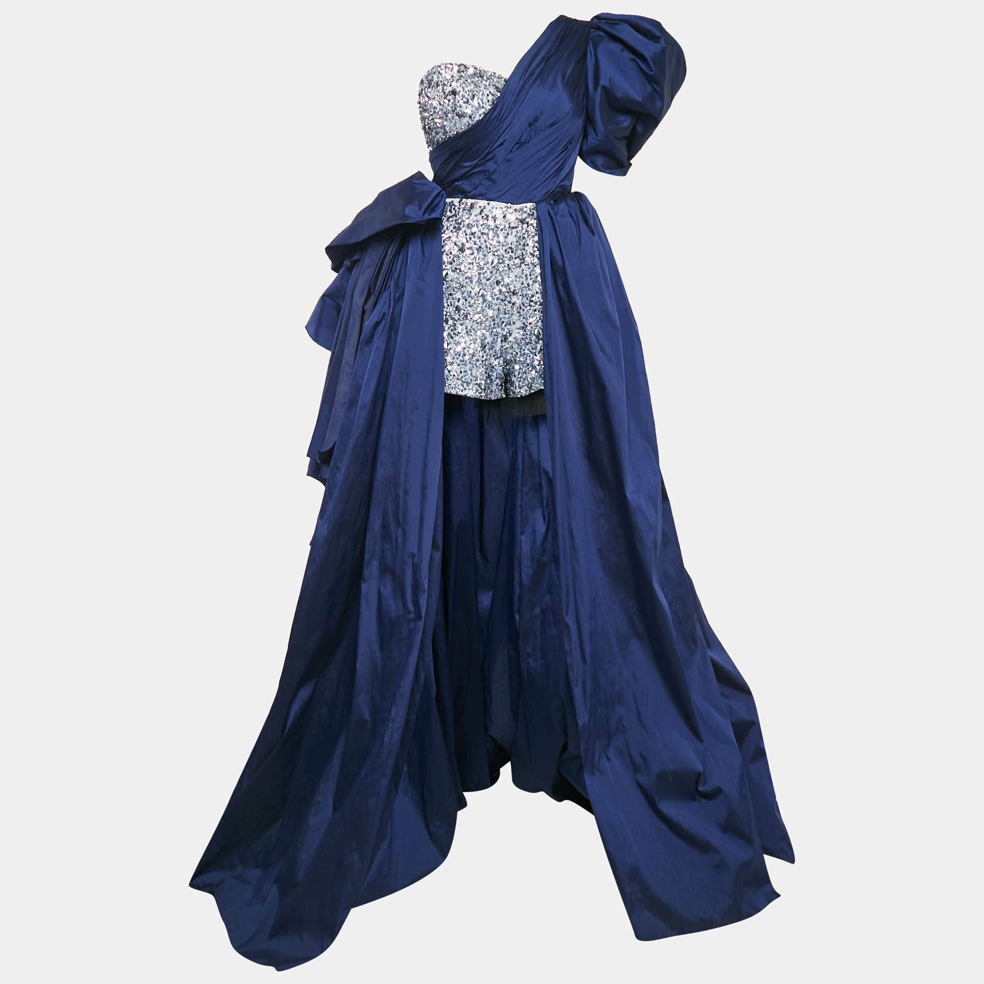 Amelie Baku Blue Sequin Embellished Satin Draped One Shoulder Gown S