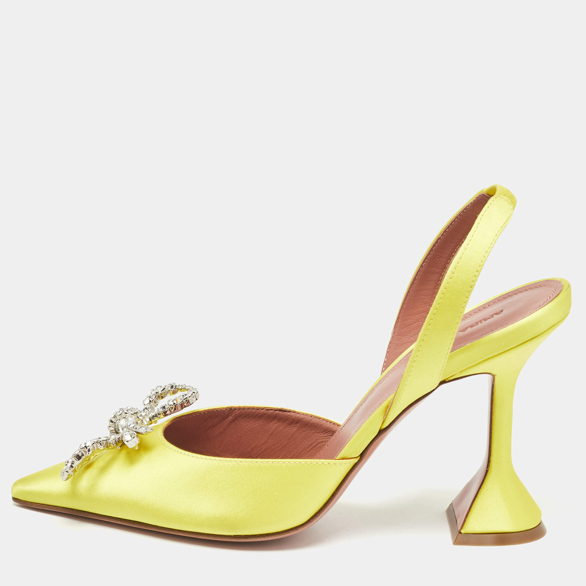 Amina Muaddi Yellow Satin Crystal Embellished Pointed Toe Slingback Pumps Size 36.5