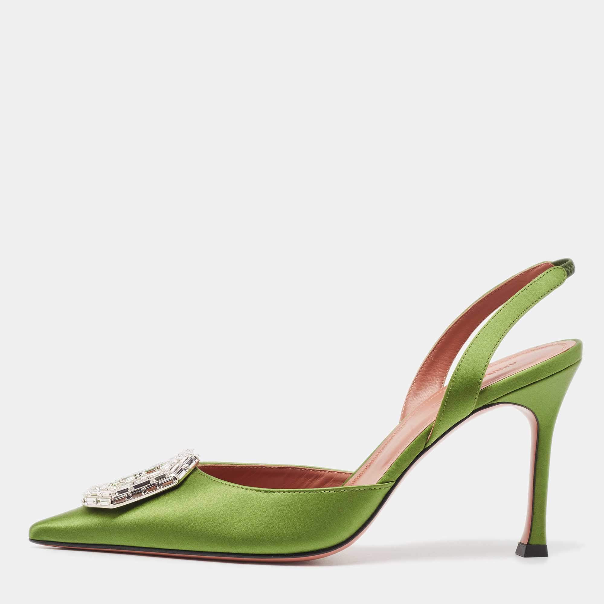 Amina Muaddi Green Satin Camelia Slingback Pumps Size 39